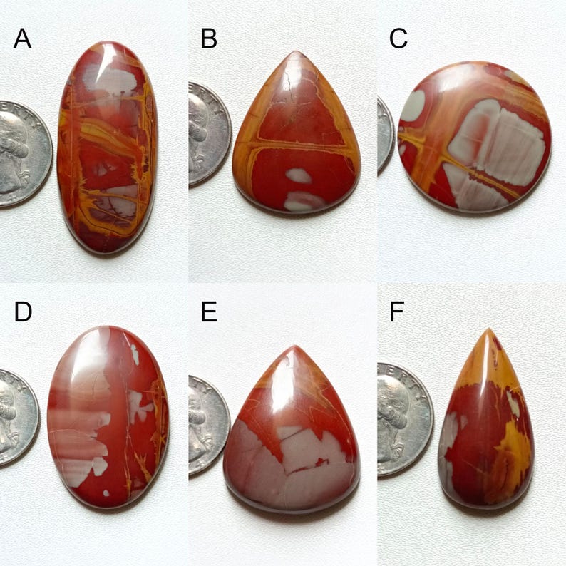 Pu&ograve; includere: Sei cabochon di pietre preziose di diverse forme e dimensioni. Le pietre sono un mix di rosso, arancione e bianco con un motivo a spirale. Le pietre sono mostrate accanto a una moneta da 20 centesimi di euro per il confronto delle dimensioni.