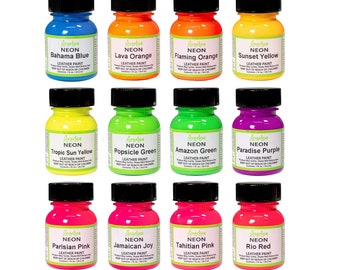 Könnte beinhalten: Zwölf 30 ml Flaschen Angelus Neon Lederfarbe. Die Farben sind Bahamas Blau, Lava Orange, Flammen Orange, Sonnenuntergang Gelb, Tropensonne Gelb, Eis am Stiel Grün, Amazonas Grün, Paradies Lila, Pariser Rosa, Jamaikanische Freude, Tahiti Rosa und Rio Rot.