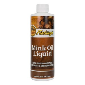 Może przedstawiać: Brązowa butelka odżywki do skóry Fiebing's Mink Oil Liquid. Butelka jest oznakowana nazwą produktu i instrukcjami użytkowania. Zawiera 236 ml (8 fl oz).