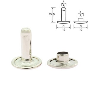 Peut inclure: Deux rivets en métal argenté de 13 mm de long, 12 mm de diamètre et 4 mm de diamètre de tête. Les rivets sont utilisés pour fixer du tissu, du cuir ou d'autres matériaux.