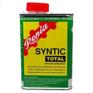 May include: A cylindrical can of Renia Syntic Total multi-purpose adhesive for plastics. The can has a red cap and a green and yellow label with text in multiple languages. The label includes instructions and the date July 2017.