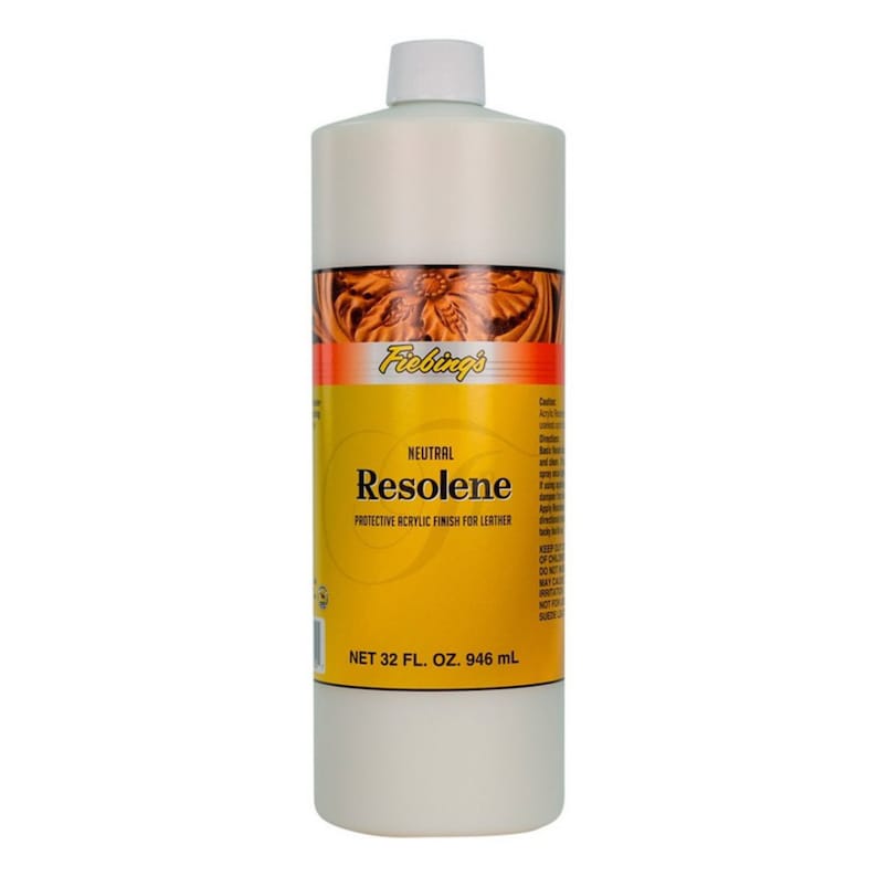 May include: A white plastic bottle of Fiebing's Neutral Resolene Protective Acrylic Finish for Leather. The bottle is 32 fluid ounces or 946 milliliters.