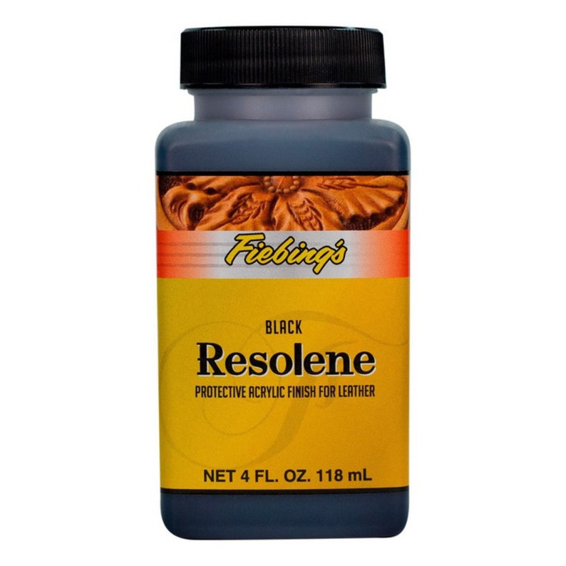May include: A black bottle of Fiebing's Resolene protective acrylic finish for leather. The bottle is labelled "Black Resolene Protective Acrylic Finish for Leather" and "Net 4 fl. oz. 118 ml".