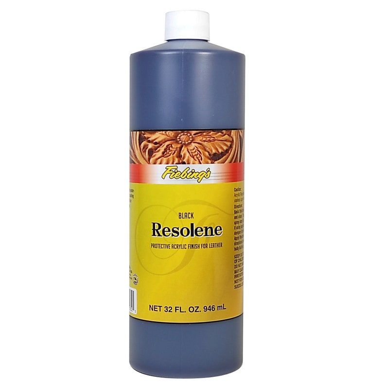 May include: A 32-ounce bottle of Fiebing's Resolene protective acrylic finish for leather in black. The bottle has a yellow label with the brand name and product information.