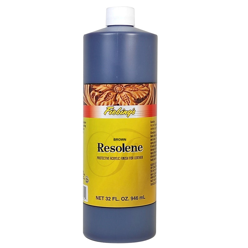 May include: A 32-ounce bottle of Fiebing's Resolene Brown Protective Acrylic Finish for Leather. The bottle is dark blue and has a yellow label with the product name and instructions.