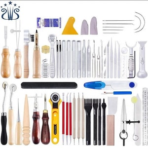 May include: A set of 40 leather craft tools, including awls, stitching tools, punches, and a ruler. The tools are arranged in rows on a white background.