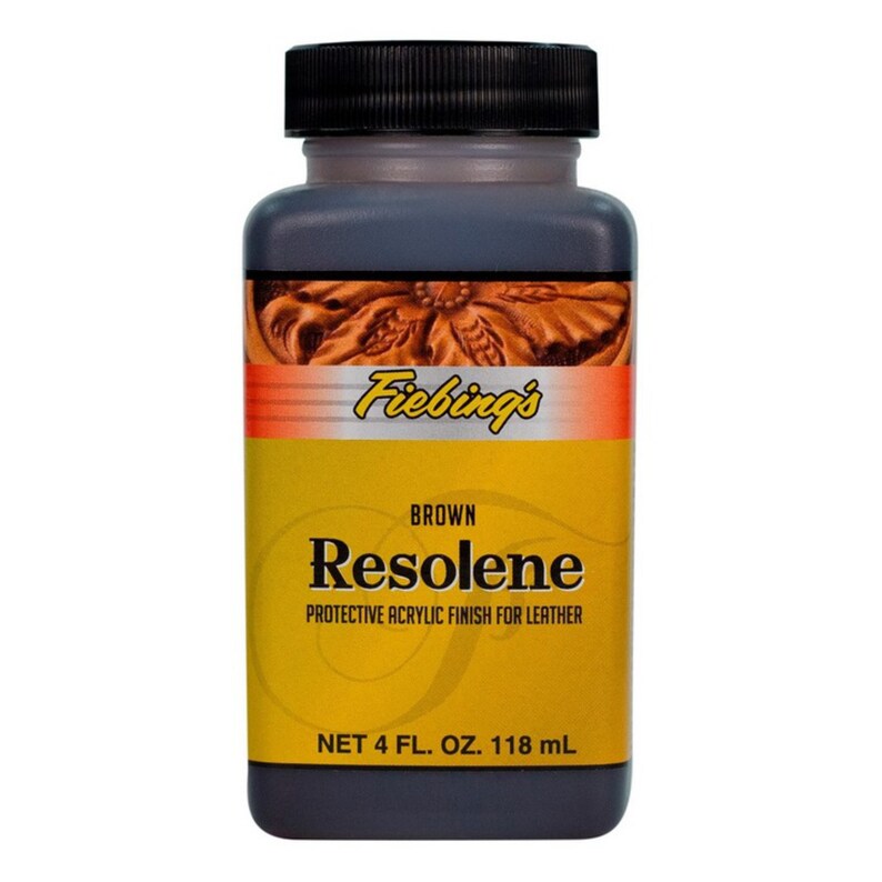 May include: A brown bottle of Fiebing's Resolene protective acrylic finish for leather. The bottle is labelled with the product name, "Resolene", and the words "Protective Acrylic Finish for Leather". The bottle also has a label that says "Net 4 fl. oz. 118 ml".