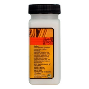 May include: A white bottle of Fiebing's Acrylic Resolene leather finish. The bottle has a black cap and a label with instructions for use. The label also states that the product is rendered useless upon freezing and should be kept out of reach of children. The label also states that the product should not be used on suede leathers.