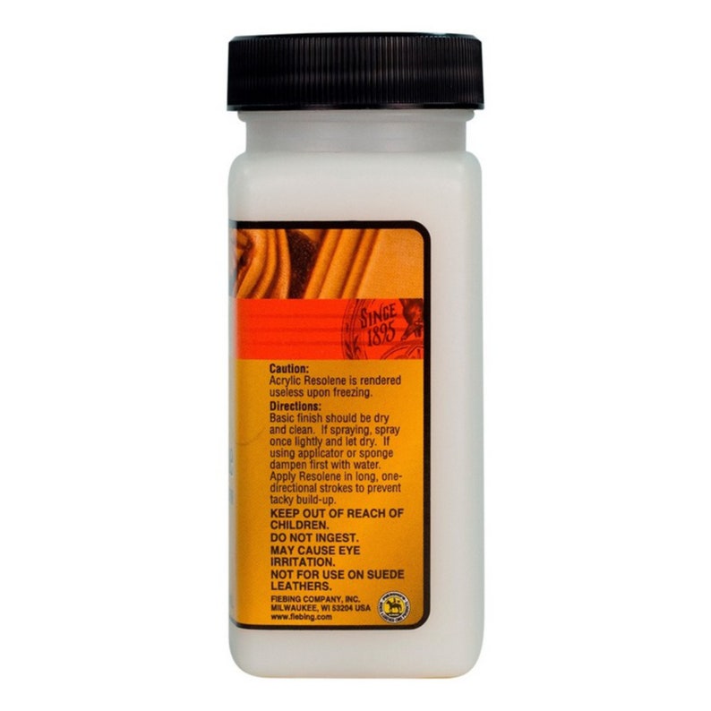 May include: A white bottle of Fiebing's Acrylic Resolene leather finish. The bottle has a black cap and a label with instructions for use. The label also states that the product is rendered useless upon freezing and should be kept out of reach of children. The label also states that the product should not be used on suede leathers.