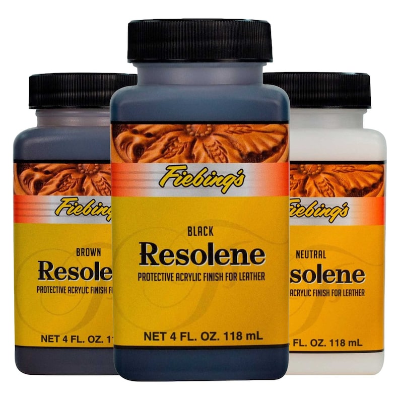 May include: Three bottles of Fiebing's Resolene protective acrylic finish for leather in brown, black, and neutral colours. Each bottle contains 4 fluid ounces (118 ml).