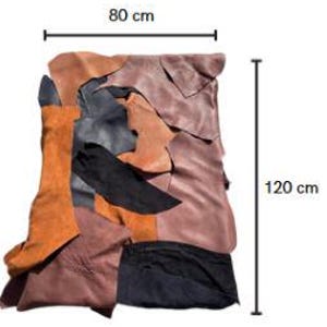 May include: A selection of leather offcuts in diverse shades such as brown, tan, black, and grey. The pieces are of irregular shapes and measure approximately 80 cm wide and 120 cm long. The leather appears to have varied textures and thicknesses.