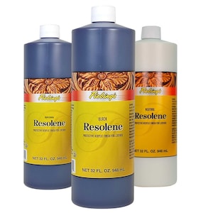 May include: Three bottles of Fiebing's Resolene leather finish in brown, black, and neutral colors. Each bottle is 32 fluid ounces (946 ml).