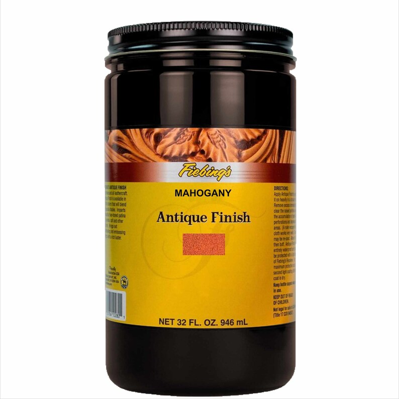 May include: A 32-ounce bottle of Fiebing's Mahogany Antique Finish leather dye. The bottle is black with a yellow label that says "Fiebing's Mahogany Antique Finish".