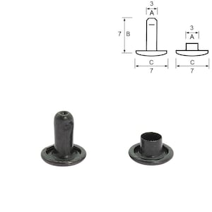 Peut inclure: Deux rivets en métal noir avec une tête de 11 mm de diamètre et un poteau de 5 mm de diamètre. Les rivets sont présentés en gros plan.