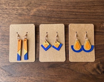 Pendientes de piel natural - creación única - azul, naranja y dorado