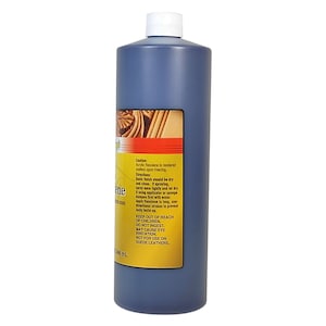 May include: A dark blue bottle of Resolene Leather Finish, a product for leather care. The bottle is 545 ml and has a yellow label with instructions and warnings. The label reads "Caution: Acrylic Resolene is rendered useless upon freezing. Directions: Basic finish should be dry and clean. If spraying, spray once lightly and let dry. Using applicator or sponge dampen first with water. Apply Resolene in long, one-directional strokes to prevent tacky build-up. KEEP OUT OF REACH OF CHILDREN. DO NOT INGEST. MAY CAUSE EYE IRRITATION. NOT FOR USE ON SUEDE LEATHERS."