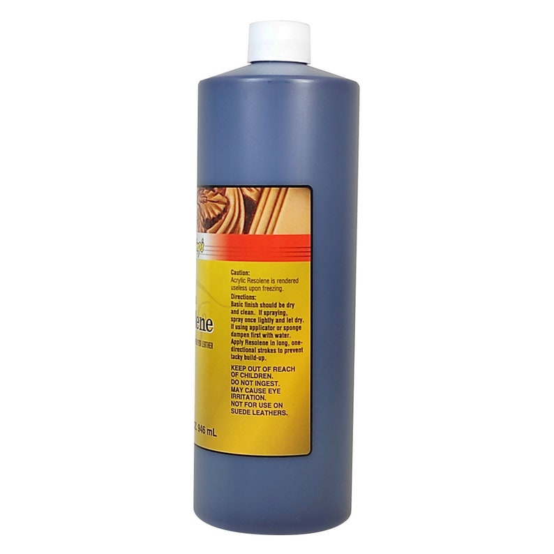 May include: A dark blue bottle of Resolene Leather Finish, a product for leather care. The bottle is 545 ml and has a yellow label with instructions and warnings. The label reads "Caution: Acrylic Resolene is rendered useless upon freezing. Directions: Basic finish should be dry and clean. If spraying, spray once lightly and let dry. Using applicator or sponge dampen first with water. Apply Resolene in long, one-directional strokes to prevent tacky build-up. KEEP OUT OF REACH OF CHILDREN. DO NOT INGEST. MAY CAUSE EYE IRRITATION. NOT FOR USE ON SUEDE LEATHERS."