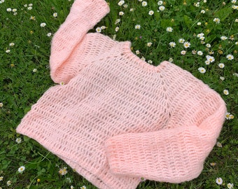 Peachy Crochet Spring Sweater with Matching Cap and Micro Scarf