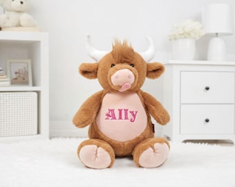 Personalised Highland Cow Plush Toy | Custom Embroidered Cow Teddy | Soft Cuddly Keepsake Gift for Baby Child Birthday Christmas