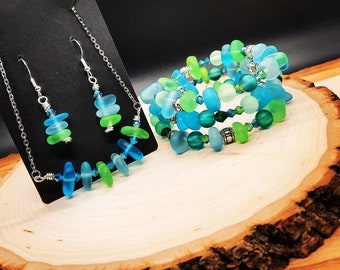 Aqua Green Sea Glass Necklace Set, Bangle Bracelet, Memory Wire, Dangle Earrings, Spring Colors, Bar, Adjustable