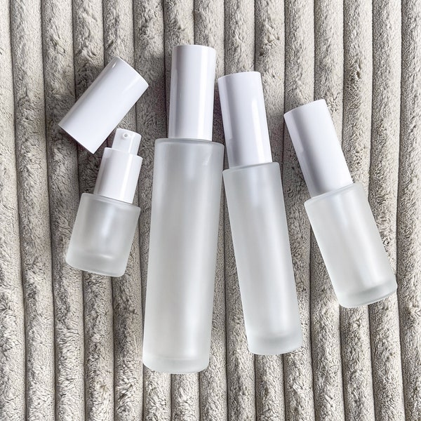 Frosted straight edge white spray or pump glass bottles. Perfume bottle, oil bottle, serum bottle, room spray bottle.Available in wholesale.