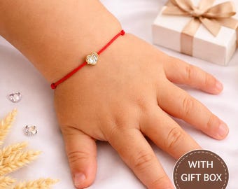 Child Red String Bracelet with Heart Diamond Charm | Gold Filled Heart CZ | Baby Protection Bracelet | Gift Box Included, Matching Bracelets