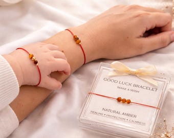 Baltic Amber Baby Bracelet, Natural Amber Red Silk String Bracelet for Adults & Kids with 14k Gold, Healing Protection Jewelry with Gift Box