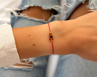 Baltic Amber Red Silk String Bracelet: 14k Gold Beads, Healing Jewelry