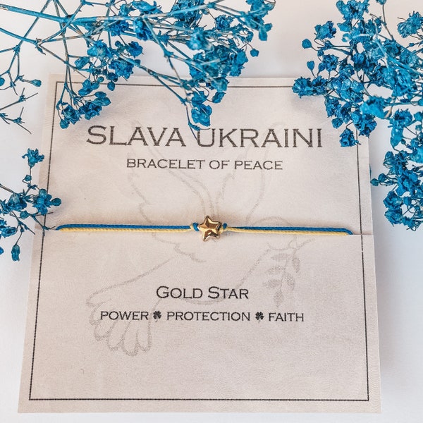 Support Ukraine Beaded Bracelet, 50% of Profits Donated to Support Ukraine, Ukraine Charity Jewelry with Gold Star and Blue Yellow String