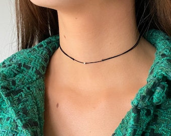 Sterling Silver Black Cord Choker: Minimalist Good Luck Necklace
