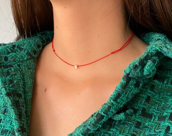 Red Cord Kabbalah Necklace: Zirconia Bead, Adjustable Protection Choker