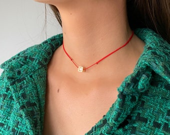 Red String Protection Necklace: 24k Gold Cubic Zirconia Choker