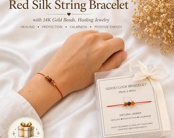 Baltic Amber Red String Bracelet with 14K Gold Beads – Natural Amber Healing Protection Bracelet, Adjustable String Jewelry, Gift for Her