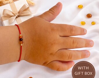Red Silk String Bracelet with Natural Baltic Amber & 14K Gold Filled Beads | Child Protection Bracelet | Gift Box Included