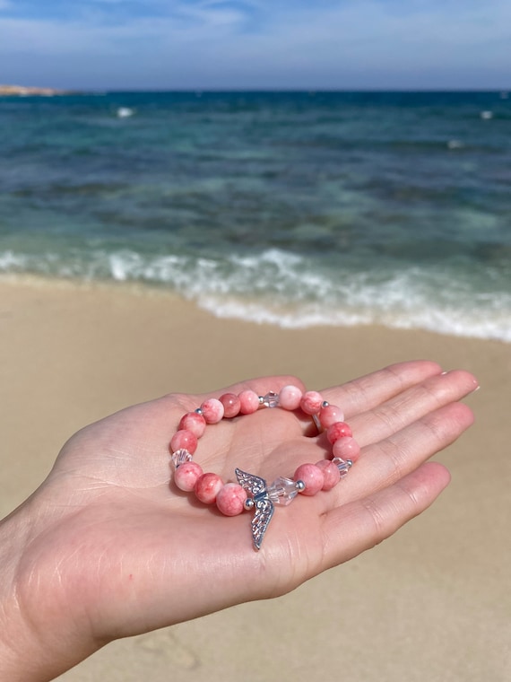 Pink Persian Jade Bracelet: Silver Wings, Crystal Beads, Elegant Jewelry