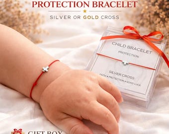 Braccialetto con croce in filo rosso per neonati / Regalo per battesimo e battesimo di neonati / Braccialetto di protezione per bambini / Braccialetto con croce in argento o oro / Confezione regalo