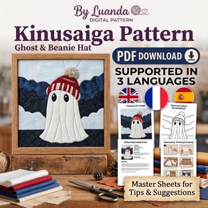 May include: A digital PDF pattern for a Kinusaiga craft featuring a ghost wearing a red and white beanie hat. The image displays the finished artwork in a wooden frame, alongside instructional sheets, text, and icons for a download.