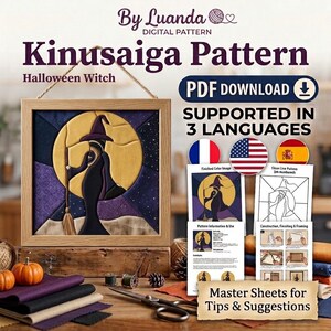 Patrón de bruja Kinusaiga para Halloween / Arte textil fácil sin costuras / Collage textil en PDF
