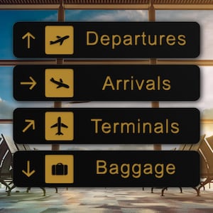 Cartello aeroportuale stampato in 3D – Terminal, Arrivi, Partenze, Bagagli Cartello aeroportuale retrò | Regalo per il pilota