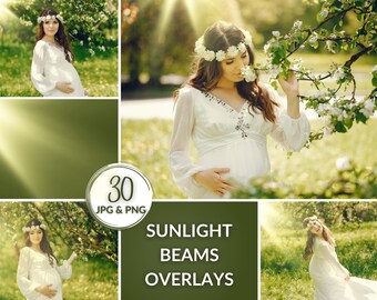 30 superposiciones de rayos de luz solar, texturas digitales de destello de lente de Photoshop para edición de fotos, efecto de rayos y rayos de sol naturales, paquete de superposición de verano