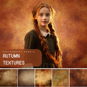 May include: A photography bundle of five autumn-themed textures. The textures are in various shades of brown, orange, and yellow, with a subtle grunge effect. The textures are perfect for adding a rustic or vintage feel to your photos.