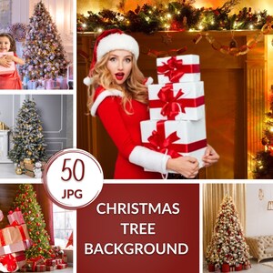 May include: A collection of 50 digital images featuring various Christmas tree backgrounds. The images include decorated trees, fireplaces, and festive decor. Perfect for creating holiday-themed designs and projects.