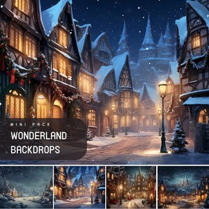 Peut inclure: Une illustration numérique d'une ville enneigée et hivernale avec une rue pavée bordée de bâtiments décorés de lumières de Noël et de guirlandes. Les bâtiments sont recouverts de neige et le ciel est bleu foncé avec de la neige qui tombe. Le texte "MINI PACK WONDERLAND BACKDROPS" est en bas de l'image.