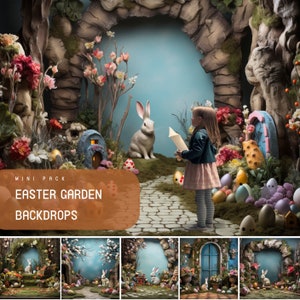 May include: A set of five digital backdrops featuring a whimsical Easter garden scene with a stone archway, flowers, and a white rabbit. The backdrops are perfect for creating magical Easter photos.