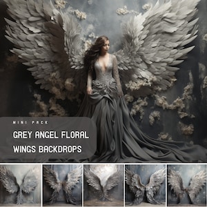 May include: A set of five digital backdrops featuring grey angel wings with a floral design. The wings are set against a dark grey background with clouds and stars.