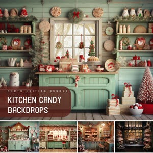 May include: A festive kitchen scene with a mint green cabinet and shelves filled with Christmas decorations and treats. The image includes a window, a small Christmas tree, and the text "PHOTO EDITING BUNDLE KITCHEN CANDY BACKDROPS".