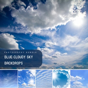 May include: A collection of blue sky backdrops with white clouds. The images feature different cloud formations, including fluffy cumulus clouds, wispy cirrus clouds, and layered stratus clouds. The sky is a bright blue, and the sun is shining through the clouds.