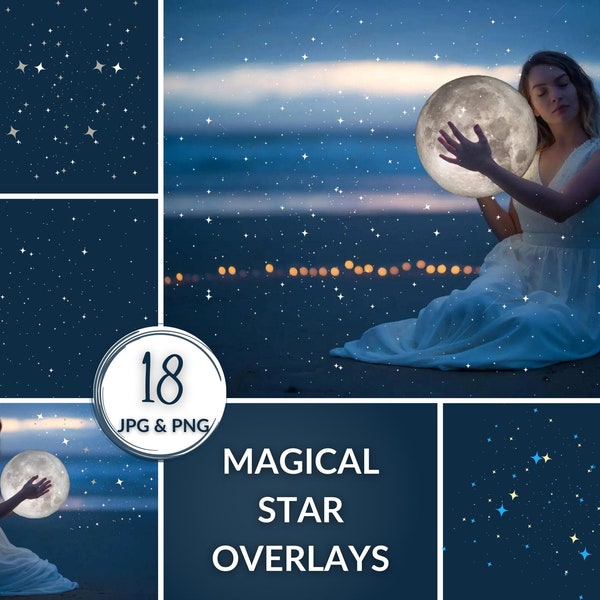 18 Night and Starry Sky Overlays for Photoshop, Dark Cloudy Sky Backdrops for Photo Editing, Moon Overlays, Summer Digital Overlay Pack