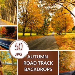 Könnte beinhalten: Eine Collage aus Bildern mit herbstlichen Szenen mit Straßen, die von Bäumen mit leuchtend gelben, orangefarbenen und roten Blättern gesäumt sind. Der Text "50 JPG AUTUMN ROAD TRACK BACKDROPS" wird in der Mitte der Collage angezeigt.