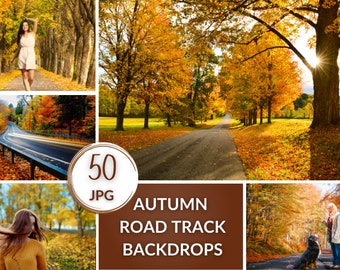 50 Autumn Road Track Backdrops, Fall Digital Photoshop Overlay  ,Trees & Stump, Autumn Backdrop Pack for Photo Editing